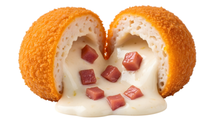 A delicious fried croquette filled with creamy cheese and diced ham, isolated on transparent background