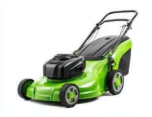 Fototapeta premium Bright green and black electric lawn mower with a handle for gardening and yard work