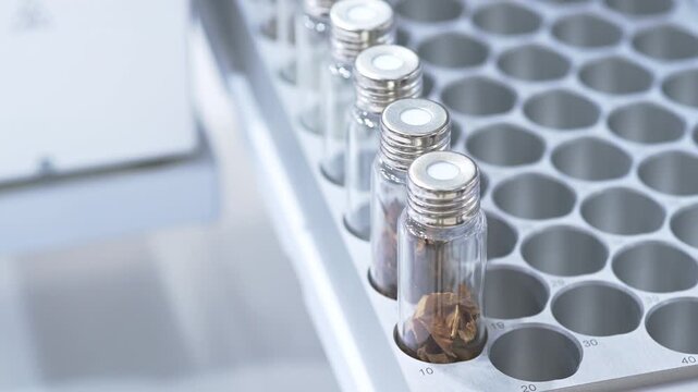 Laboratory test tubes moving in an automated sampler rack