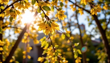 Obraz premium A close up view of a tree with yellow blossoms bathed in sunlight.