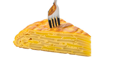 A slice of spanish tortilla de patatas with a fork inserted, isolated on transparent background