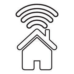 Wireless network home icon on blue background with wifi and technology symbols.