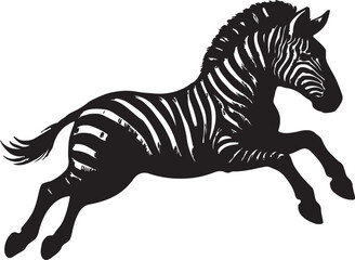 A striking black and white silhouette illustration of a young zebra in mid gallop against a clean white background