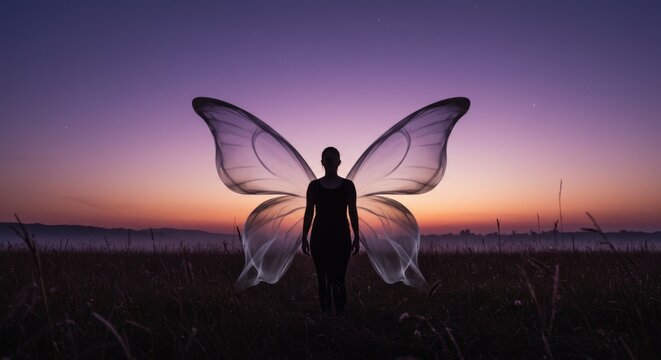 Smoke Winged Figure in Surreal Dream Twilight Meadow