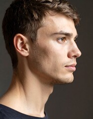 Obraz premium Profile of a young man with short brown hair, looking off to the side against a dark gray background