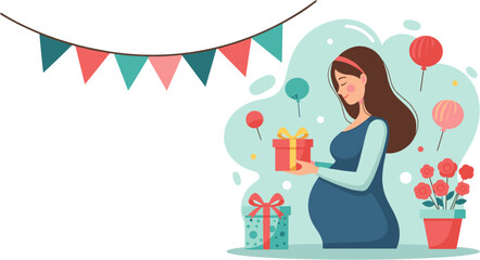 A radiant pregnant woman tenderly holds a special gift, surrounded by festive balloons and decorations, celebrating the joyous anticipation of her baby.