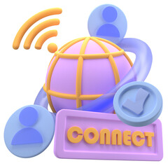 3D Render of Globe with Connected Symbols on Transparent Background in Pastel Colors Networking...