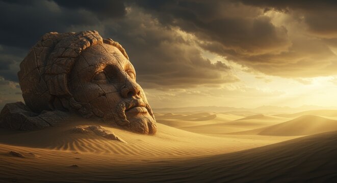 Half Buried Colossal Stone Face in Surreal Desert Dream - Powered by Adobe