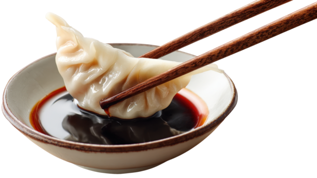 Delicious dumpling held with chopsticks, dripping soy sauce, isolated on a white background