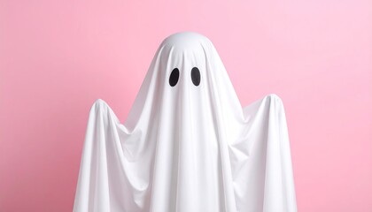 Simple Halloween Costume White Sheet Ghost Against a Pink Background Creates a Spooky and Minimalist Holiday Aesthetic