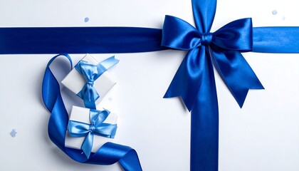 Two small gifts with blue ribbons and a large bow on white background