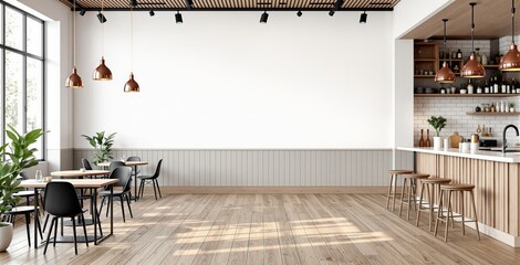 Modern cafe interior with empty white wall for poster mockups and decor concepts in minimalist design style with wooden elements and natural lighting. Ai generative