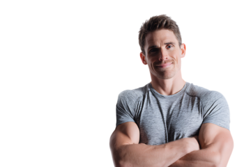 Muscular man with short brown hair and a beard, wearing a grey tshirt, with arms crossed and a slight smile, isolated on transparent background