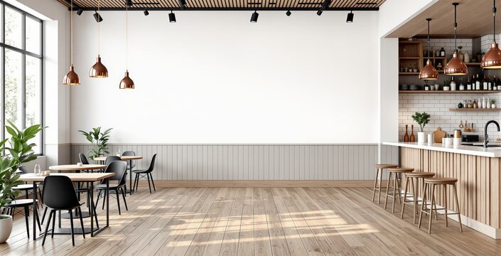 Modern cafe interior with empty white wall for poster mockups and decor concepts in minimalist design style with wooden elements and natural lighting. Ai generative