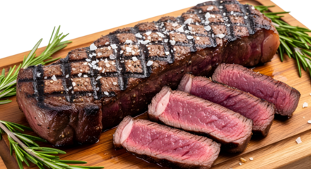 Juicy grilled new york strip steak, perfectly cooked mediumrare, sliced and served with fresh rosemary on a wooden board isolated on transparent background