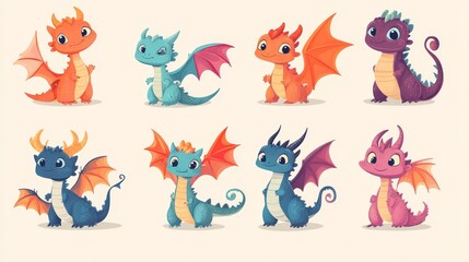 Obraz premium 70.A vector collection of fairytale creatures featuring adorable baby dragons with expressive faces and unique features like curled tails, tiny horns, and miniature wings. Their charming and
