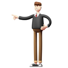 Cartoon Man in Grey Sweater and Brown Pants Pointing to the Left on Transparent Background
