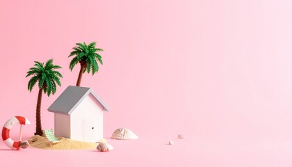 Miniature Summer Paradise Beach Scene with Beach Hut and Palm Trees on a Pink Background