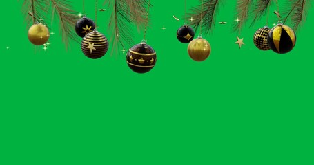 Animation of christmas baubles decoration with copy space on transparent background - Powered by Adobe