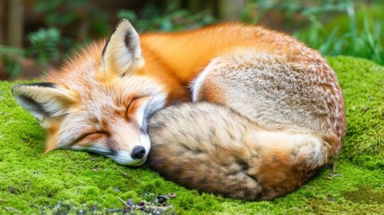 Naklejka premium Relaxed Red Fox Sleeping on Green Moss in Natural Forest Setting