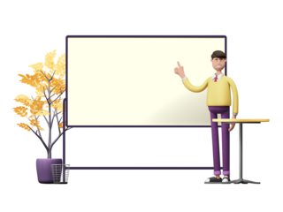 Cartoon Man Presenting on White Board with Yellow Plant in Violet Pot on Transparent Background 3d Rendered Illustration Character Wearing Yellow Sweater and Violet Pants