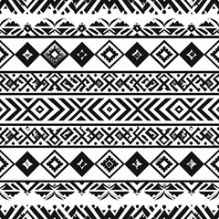Black and white geometric textile pattern with horizontal stripes of various repeating shapes