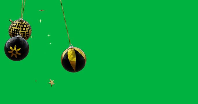 Animation of christmas baubles decoration with copy space on transparent background