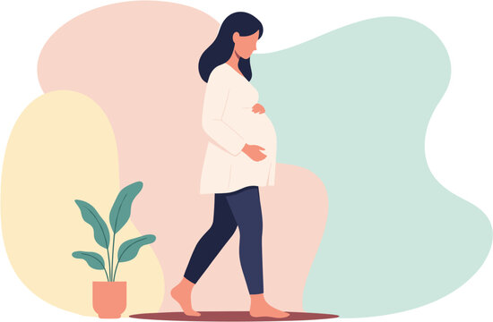 A serene pregnant woman gently walks forward, cradling her baby bump with care and anticipation, embodying health and new beginnings.