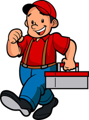 Cartoon Mechanic with Toolbox Walking in Red and Blue Outfit on Transparent Background Cheerful Repairman Professional Service Industry Clip Art Illustration