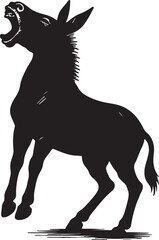 Silhouette of a black donkey or mule with mouth open in a loud braying or screaming sound