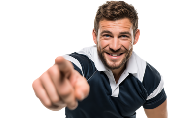 A handsome, smiling man with a beard points directly at the viewer, isolated on transparent background