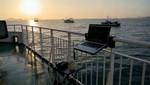 Experience ultimate freedom and productivity with innovative Work from anywhere setups, showcasing a laptop overlooking a serene ocean sunset from a boat deck