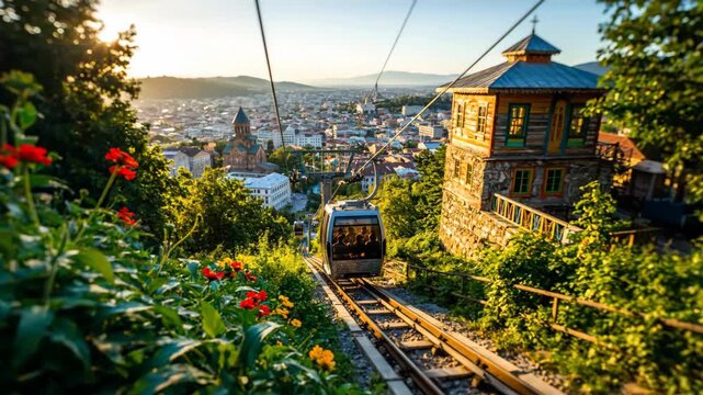 Riding Cable Car Above Tbilisi City at Sunset