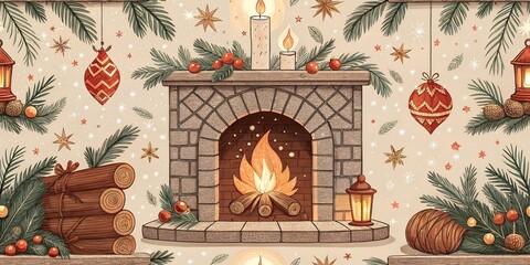 Warm Fireplace Christmas Event Seamless Pattern, Holiday Festive Design