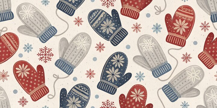 Cozy Mittens Christmas Event Seamless Pattern, Holiday Festive Design - Powered by Adobe