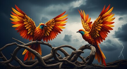 Two Vibrant Phoenix Birds Perched on Twisted Branches Against a Stormy Sky
