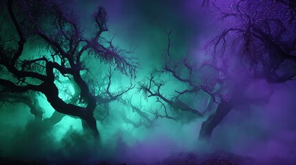 Spooky mysterious Halloween background with deep purple black mist around gnarled trees, eerie green glow and cinematic lighting for horror games and premium branding