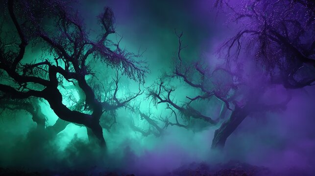Spooky mysterious Halloween background with deep purple black mist around gnarled trees, eerie green glow and cinematic lighting for horror games and premium branding