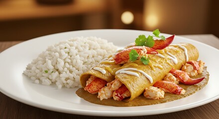 Delicious enchiladas with rice on a plate ready to serve