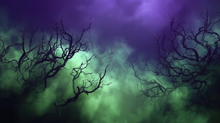Spooky mysterious Halloween background with deep purple black mist around gnarled trees, eerie green glow and cinematic lighting for horror games and premium branding