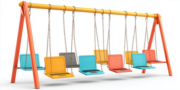 Colorful swings with laptops arranged in playful design