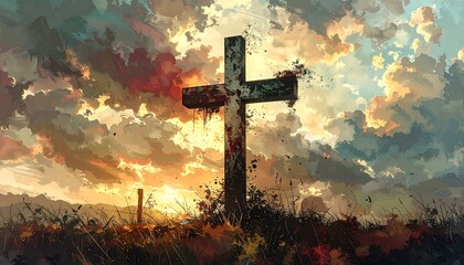 Cross at sunset over field