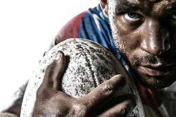 Closeup portrait of a determined rugby player with a muddy face, holding a rugby ball, isolated on transparent background