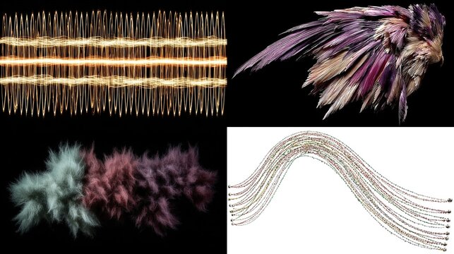 Four abstract images a spark-like pattern, a feathery wing, fluffy textures, and flowing lines
