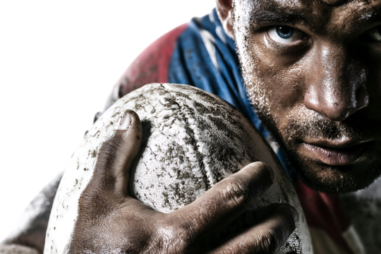 Closeup portrait of a determined rugby player with a muddy face, holding a rugby ball, isolated on transparent background