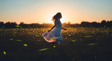 Woman in White Dress Running Through Field with Fireflies at Sunset