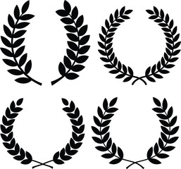 Set of wreaths and branches with leaves. Hand drawing laurel wreaths and branches collection. Laurels wreaths