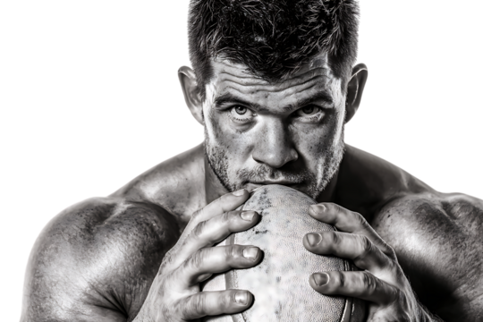 Intense muscular man with beard holding and smelling a rugby ball, isolated on transparent background