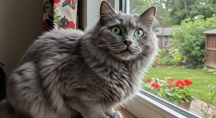 Fluffy gray cat with green eyes near a window looking outside at the green grass