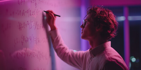 Young man writing mathematical equations on a wall in modern office  